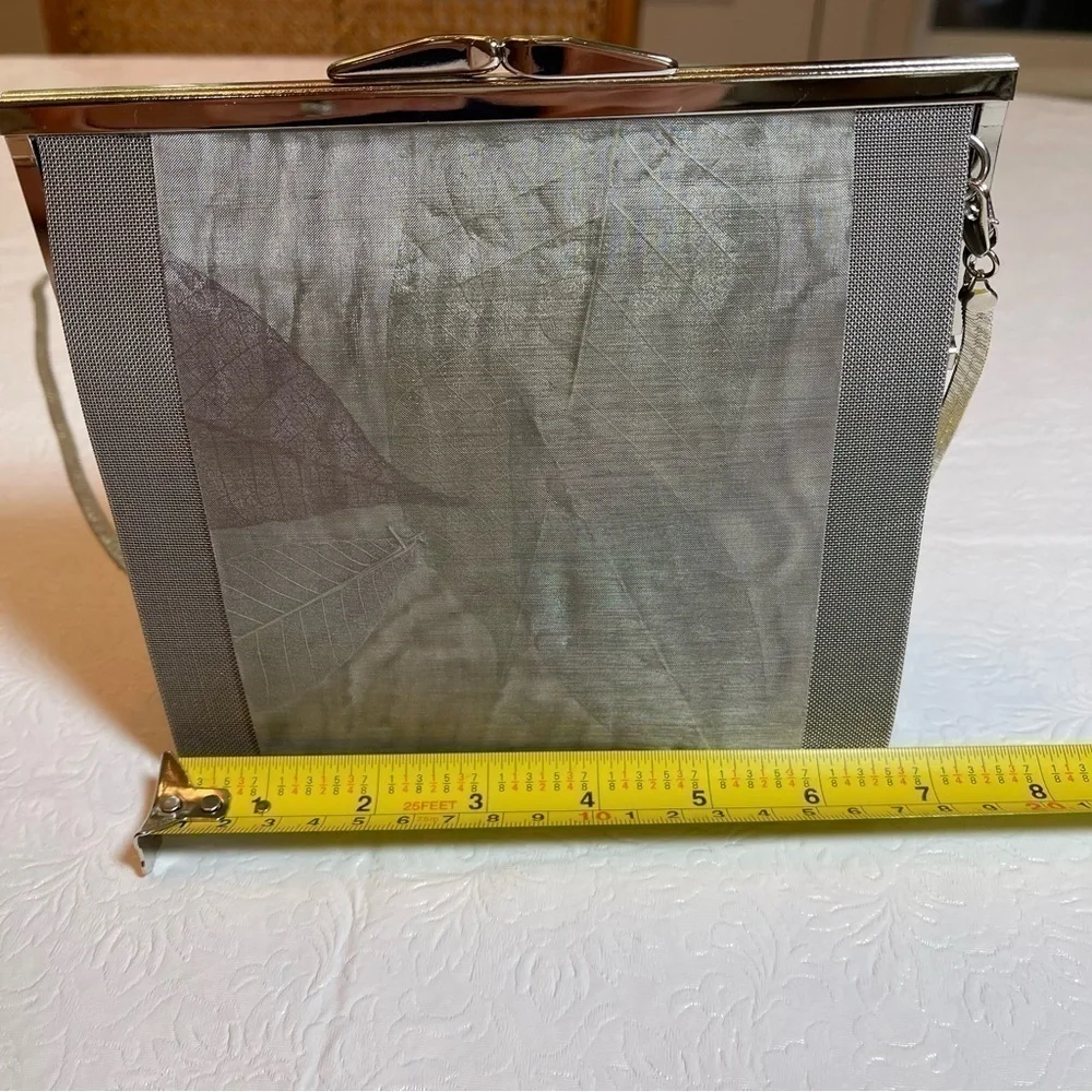 BO’s Art Studio Stainless Steel Mesh Evening Bag Painted Leaf Embellishment